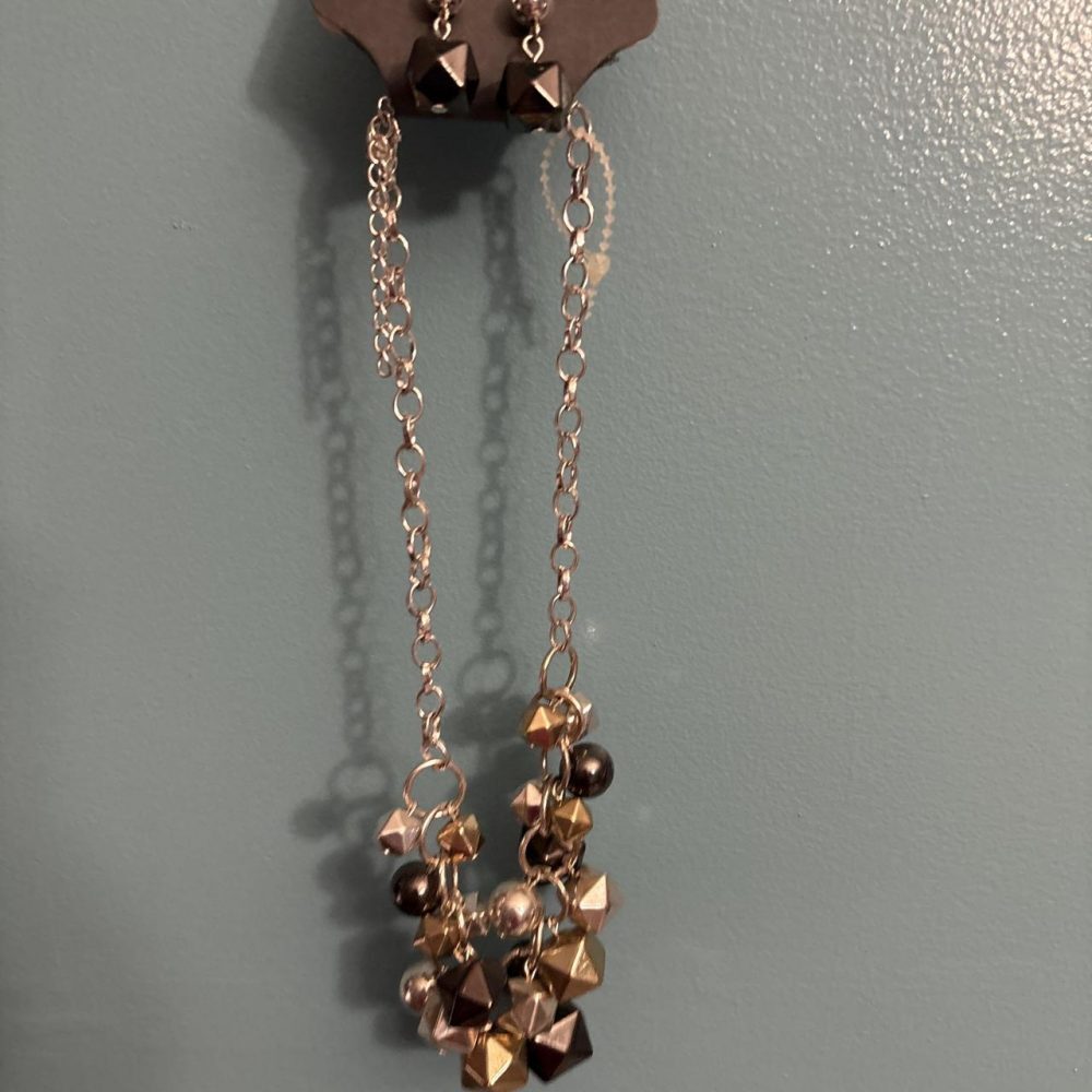 NWT Carol Dauplaise Bronze Geometric Cube Metallic Cluster Necklace & Earrings S